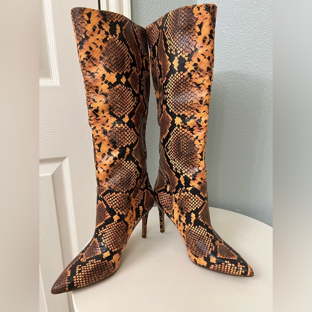 Steve Madden Orange and Black Snake-Print Knee-High Stiletto Boots